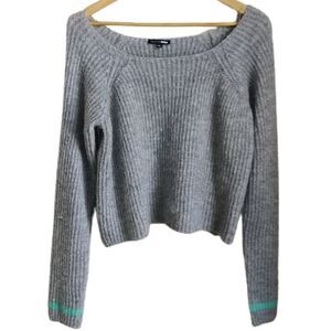 FASHION NOVA Grey & Turquoise Stripes Chunky Knit Cropped Sweater Large